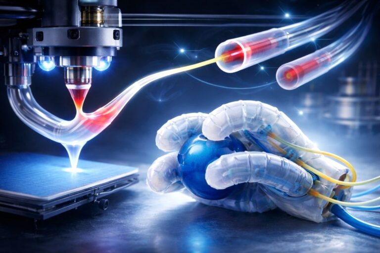 Rotational MultiMaterial 3D Printing of Pneumatically Programmable Soft Robots