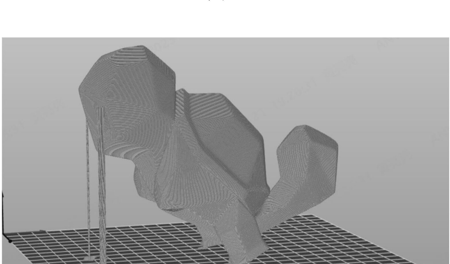 Completed simulated 3D-printed model shown with its support structures on the build platform