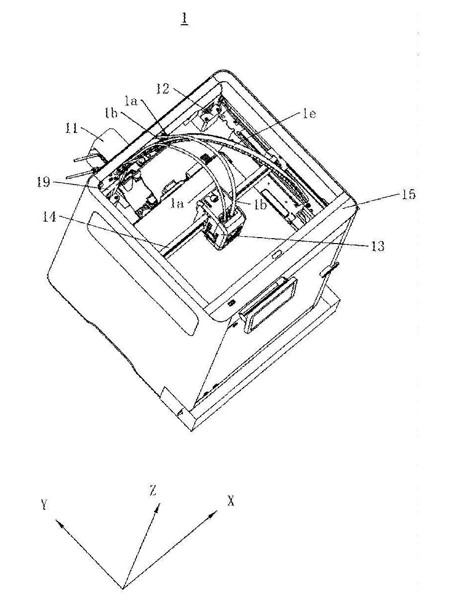 Perspective view of the complete 3D printer apparatus, showing its enclosure, frame, guide structure, and print-head assembly.