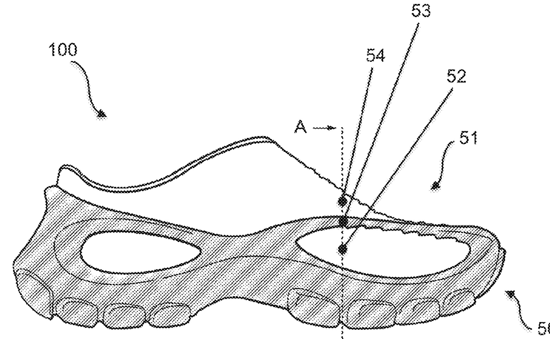 Perspective side view of a complete 3D-printed shoe with a sole and multiple distinct outer surface areas on the shoe upper.