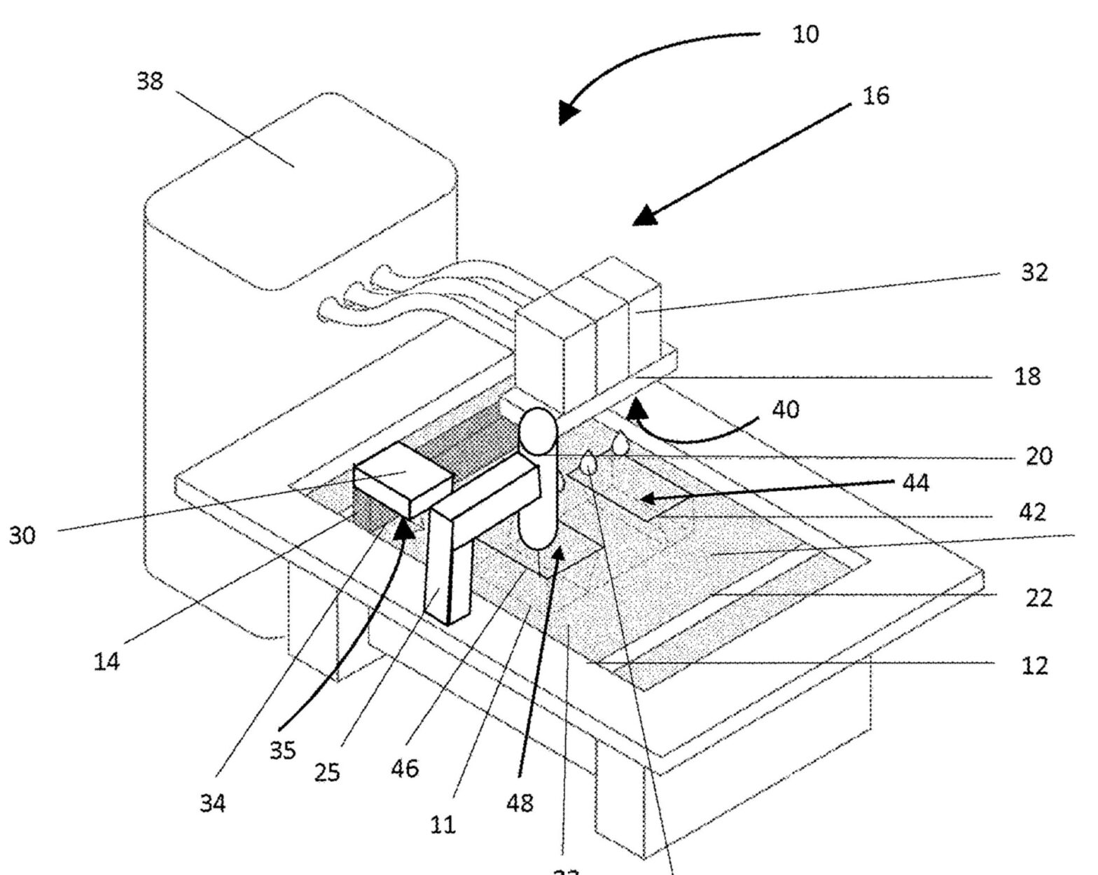 Perspective view of the complete additive manufacturing system, showing the powder bed, build plate, layer applicator, print head, curing system, and laser source.