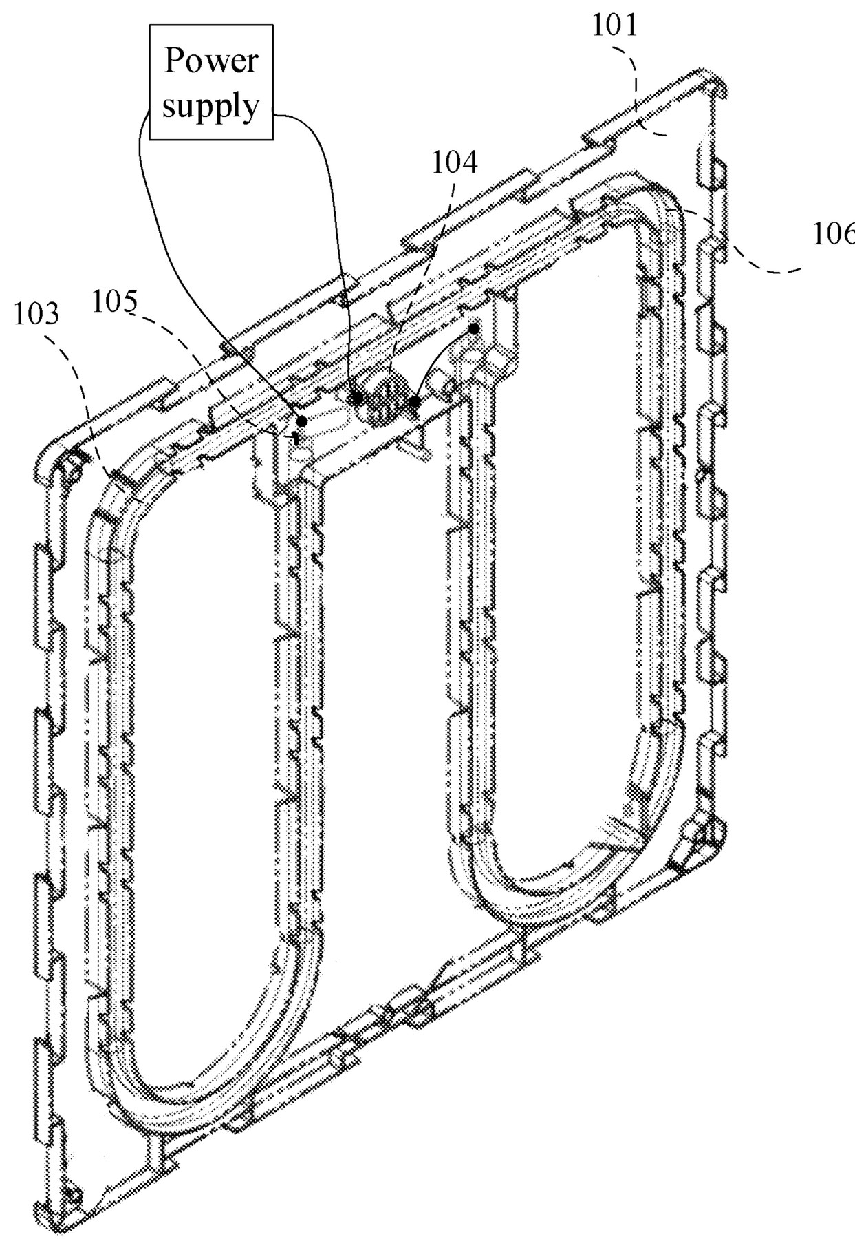 Perspective view of the complete heated-bed assembly for a 3D printer, showing the bed body, serpentine heating unit, power connections, temperature sensor, and structural components.