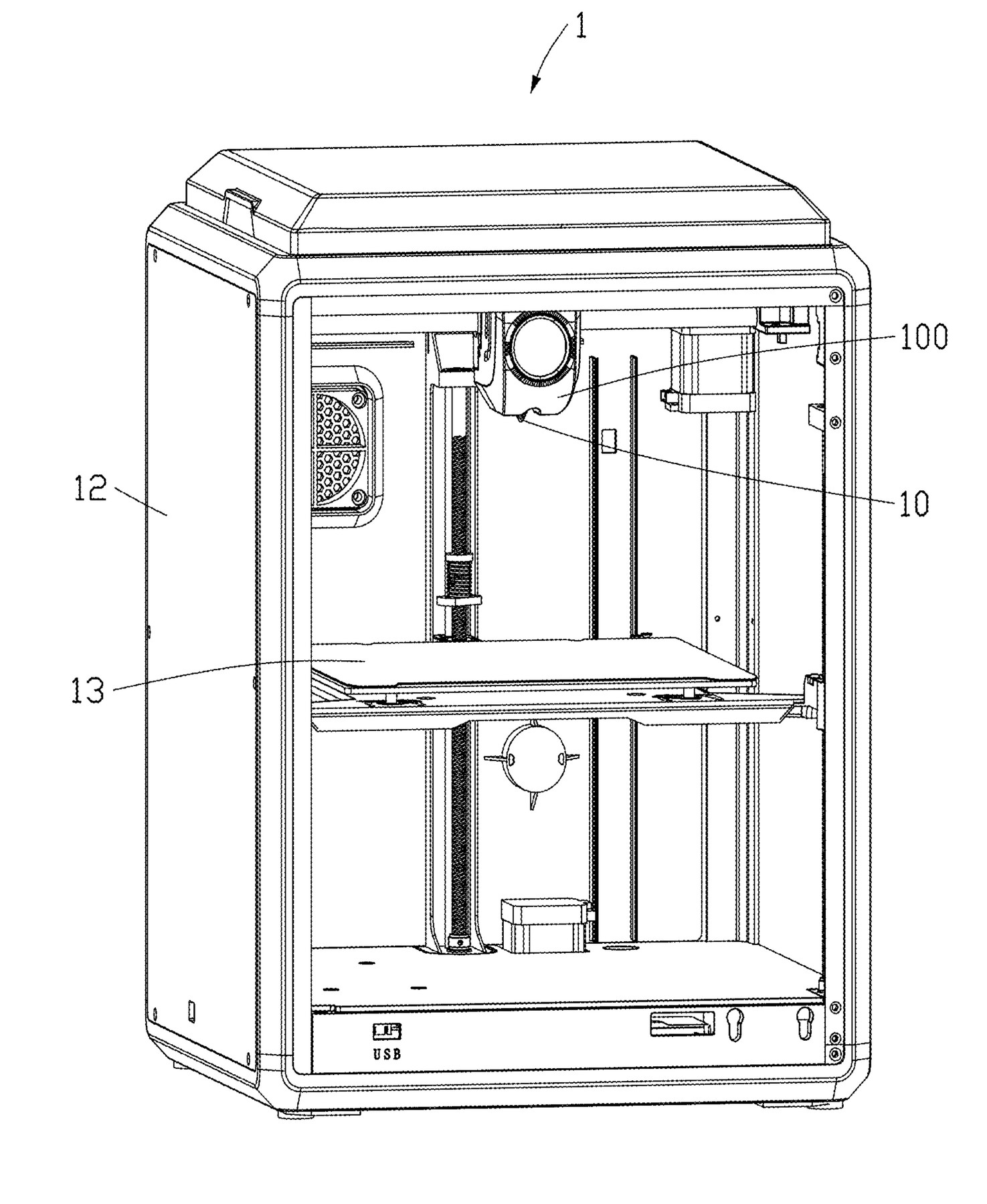 Perspective view of a desktop 3D printing device with its enclosure, forming platforms, extrusion assembly, and hotend.
