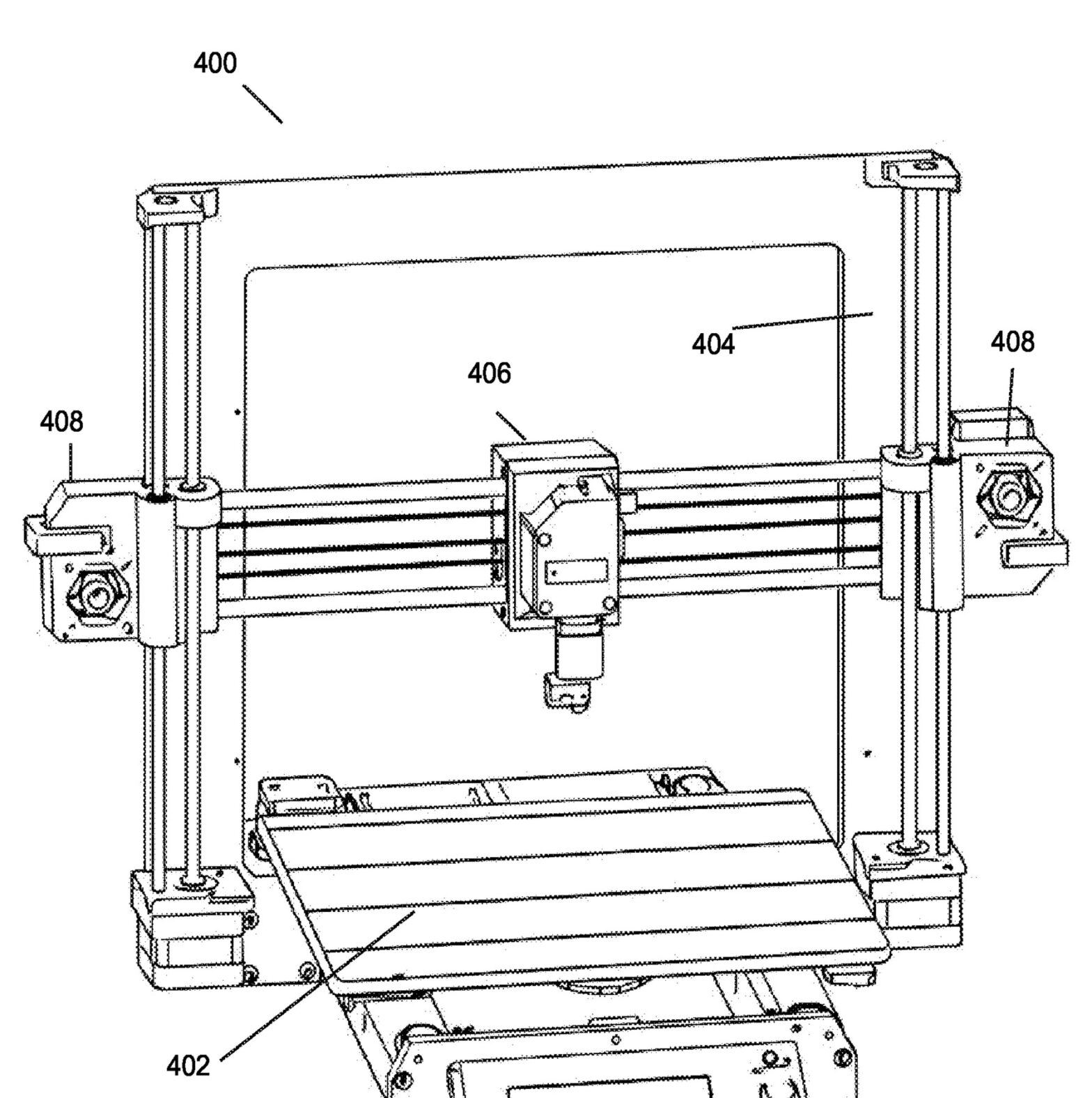 A complete desktop additive-manufacturing printer assembly with gantry frame, print head, build platform, motors, and control panel.