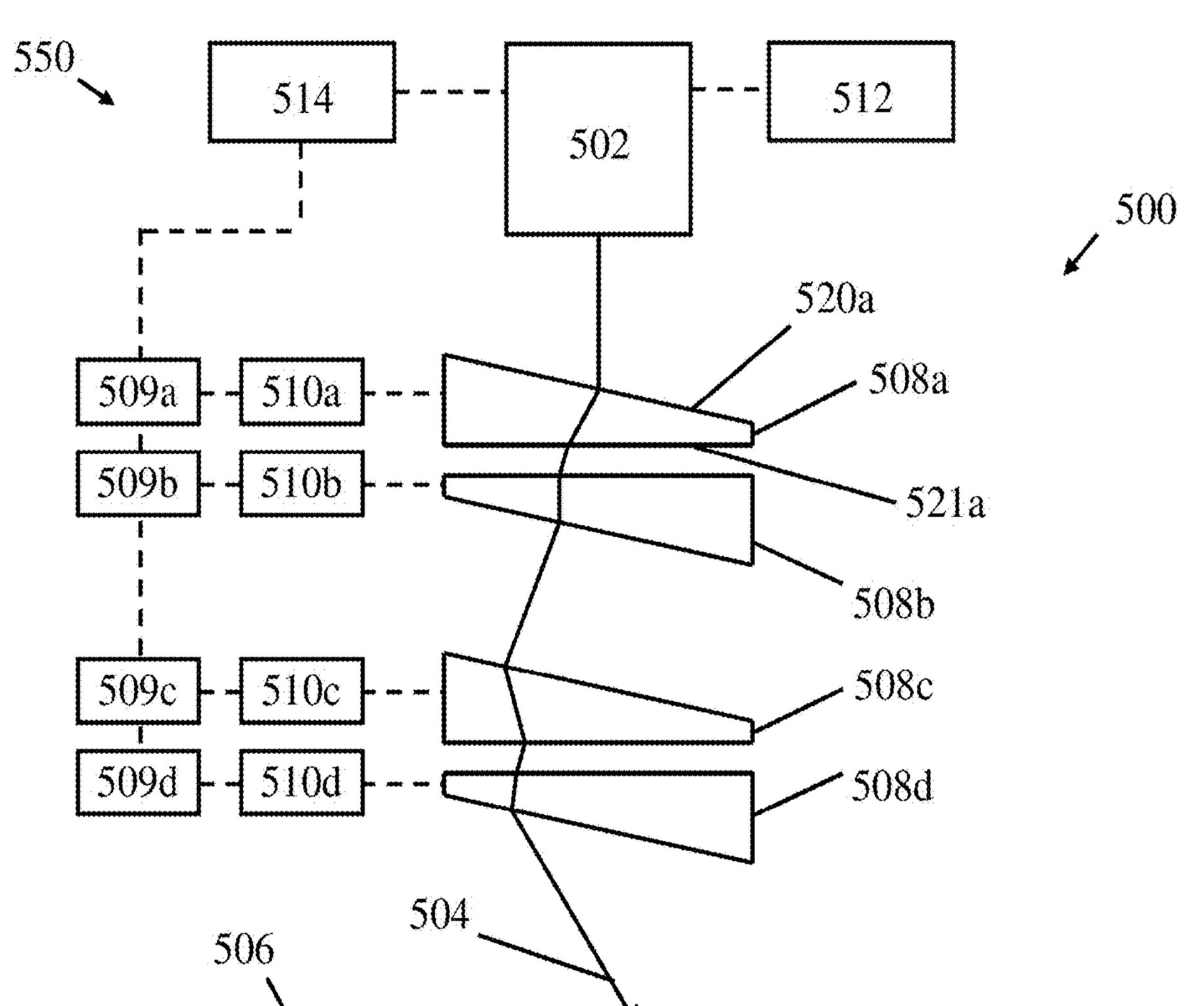 Technical schematic of an additive manufacturing laser system showing multiple laser sources, optical phase components, Risley prism pairs, beam steering, and a build surface.