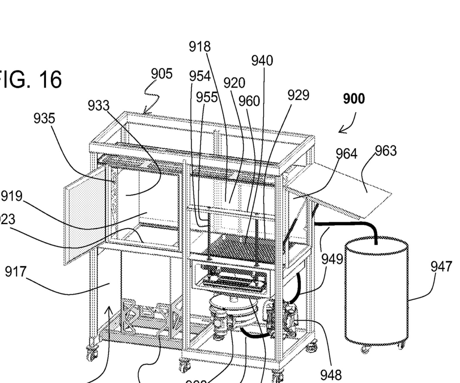 Detailed perspective view of an enclosed powder-removal and post-processing apparatus with open access panels, internal components, and an external collection tank.
