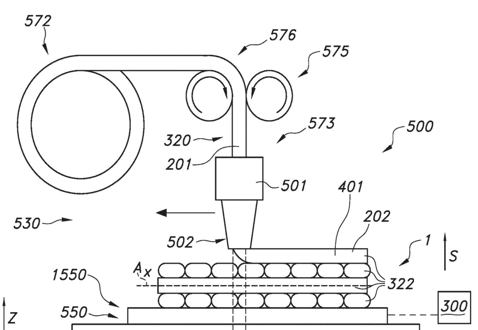 Technical illustration of a fused-deposition 3D printer extruder depositing layered material, with filament feed and build platform shown.