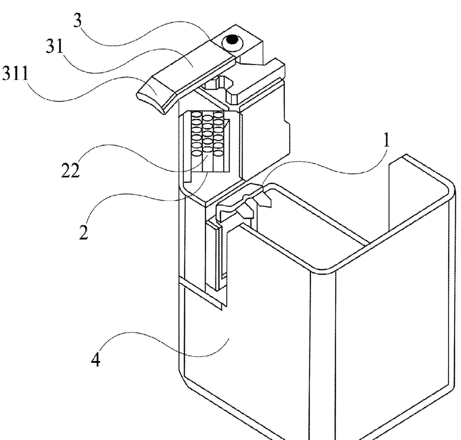 Axonometric view of the integrated 3D-printer nozzle-cleaning module, showing the cutter, brush, parking platform, and waste-collection container.
